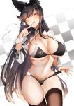  1girl absurdres alternate_costume animal_ears arm_support arms_at_sides ass atago_(azur_lane) azur_lane bangs bikini bikini_tug black_bikini black_hair black_legwear blush breasts brown_eyes clothes_writing commentary_request cowboy_shot curvy extra_ears eyebrows_visible_through_hair finger_to_mouth groin hair_ribbon highres holding jacket large_breasts long_hair looking_at_viewer mole mole_under_eye navel no_shoes open_clothes open_mouth pnatsu pumps race_queen ribbon shrug_(clothing) simple_background sitting skindentation smile solo stomach swept_bangs swimsuit thighhighs white_background white_footwear white_ribbon wrist_cuffs 