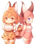  2girls animal_ear_fluff animal_ears arms_at_sides bare_shoulders belt black_belt blonde_hair blush bow bowtie breast_pocket breasts caracal_(kemono_friends) caracal_ears caracal_tail commentary elbow_gloves extra_ears frills gloves high-waist_skirt intertwined_tails kemono_friends large_ears matsuu_(akiomoi) multiple_girls open_mouth pocket print_legwear print_neckwear print_skirt red_hair red_neckwear serval_(kemono_friends) serval_ears serval_print serval_tail shirt short_hair sideboob simple_background skirt sleeveless sleeveless_shirt standing tail tareme thighhighs white_belt yellow_eyes yellow_neckwear younger zettai_ryouiki 