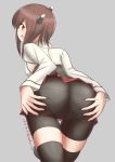  1girl ass ass_grab bike_shorts blush breasts brown_eyes brown_hair butt_crack deep_skin embarrassed flat_chest from_behind headband kantai_collection looking_back looking_down mokero open_mouth panties panties_under_bike_shorts shiny shiny_hair short_hair_with_long_locks sideboob skirt small_breasts solo taihou_(kantai_collection) thighhighs underwear 