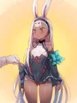  1girl animal_ears azur_lane bangs bare_shoulders blush bow_(bhp) breasts brown_eyes bunny_ears cowboy_shot eyebrows_visible_through_hair gluteal_fold hairband lifted_by_another long_hair long_sleeves looking_at_viewer one-piece_tan shimakaze_(azur_lane) simple_background skirt skirt_lift small_breasts solo_focus standing tan tanline thick_eyebrows white_hair 
