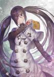  1girl akuta_hinako black-framed_eyewear book brown_hair capelet command_spell commentary_request consort_yu_(fate) fate/grand_order fate_(series) frown glasses hair_between_eyes holding holding_book long_hair looking_at_viewer solo sweater take_tw01 turtleneck twintails very_long_hair 