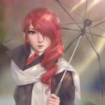  1girl bangs blurry blurry_background close-up closed_mouth coat drill_hair hair_over_one_eye highres kirijou_mitsuru lips long_hair looking_at_viewer miura-n315 persona persona_3 red_eyes red_hair scarf solo swept_bangs umbrella upper_body 