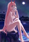  1girl aqua_eyes breasts darling_in_the_franxx fish fish_in_mouth full_body full_moon highres horns long_hair looking_at_viewer makii155 medium_breasts moon mouth_hold navel night night_sky nude oni_horns outdoors pink_hair red_horns rock scenery sitting sky solo star_(sky) starry_sky twitter_username water zero_two_(darling_in_the_franxx) 