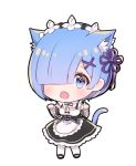  1girl animal_ear_fluff animal_ears apron bangs black_dress black_footwear black_sleeves blue_eyes blue_hair blush cat_ears cat_girl cat_tail chibi detached_sleeves dress full_body hair_ornament hair_over_one_eye hair_ribbon juliet_sleeves kemonomimi_mode long_sleeves melings_(aot2846) open_mouth pantyhose puffy_sleeves purple_ribbon re:zero_kara_hajimeru_isekai_seikatsu rem_(re:zero) ribbon shoes simple_background sleeveless sleeveless_dress solo standing tail tail_raised upper_teeth waist_apron white_apron white_background white_legwear wide_sleeves x_hair_ornament 