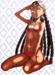  1girl :3 bare_shoulders barefoot bikini black_hair blue_eyes blue_nails bodypaint braid child dark_skin earrings fate/grand_order fate_(series) flat_chest forehead genderswap genderswap_(mtf) geronimo_(fate/grand_order) highres jewelry long_hair looking_at_viewer multiple_braids nail_polish navel necklace rokkotsu seiza shiny shiny_skin sitting solo swimsuit very_long_hair younger 