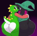  2019 anthro big_butt black_fur blush bovid bub bubble_bobble bubble_dragon butt caprine clothed clothing deltarune digital_media_(artwork) dinosaur dragon duo eyewear fur girly glasses goat green_body hat hi_res horn huge_butt looking_back male mammal nude ralsei reptile scalie scarf simple_background smile sssonic2 taito teeth thick_thighs video_games voluptuous wide_hips wizard_hat 