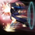  1girl antenna_hair bandage bandaged_leg bandages black_hair blue_dress blue_eyes capelet china_dress chinese_clothes commentary_request dress explosion fighting_stance flats full_body glowing glowing_eyes hair_rings hamaeru highres hip_vent kung_fu long_dress long_hair long_sleeves motion_blur original pelvic_curtain solo split_ponytail tetsuzankou very_long_hair 