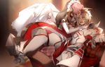  2girls armor armored_boots blonde_hair blush boots breastplate bridal_veil couch dress elbow_gloves eyes_closed fate/apocrypha fate/grand_order fate_(series) forehead_kiss frankenstein&#039;s_monster_(fate) gauntlets gloves greaves green_eyes hair_ornament hair_scrunchie horn kiss light mordred_(fate) mordred_(fate)_(all) multiple_girls no-kan open_mouth pauldrons pink_hair red_scrunchie scrunchie sitting veil wedding_dress white_dress white_gloves yuri 