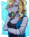  2019 absurd_res anthro blonde_hair blue_eyes blush breasts cleavage clothed clothing digital_media_(artwork) earth_pony equid equine evo_(oc) evomanaphy eyewear fan_character female freckles glasses hair hi_res horse jacket mammal my_little_pony pony shirt signature smile solo 