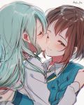  2girls aqua_hair bang_dream! blush brown_eyes brown_hair cheek_kiss dated hazawa_tsugumi hikawa_sayo hug kiss long_hair long_sleeves mizukikushou multiple_girls one_eye_closed school_uniform short_hair sketch smile upper_body yuri 