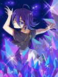  1121japa 1boy ahoge crystal from_behind ice_skates king_of_prism_by_prettyrhythm looking_at_viewer night night_sky pretty_rhythm purple_eyes purple_hair skates skating sky solo sparkle star_(sky) starry_sky suzuno_yuu 