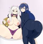  2girls areolae ass belly blue_eyes blue_hair book breasts brown_eyes cameltoe curvy eyebrows female_my_unit_(fire_emblem:_kakusei) fire_emblem fire_emblem:_kakusei heart highres huge_ass huge_breasts jinu_(jinusenpai) large_breasts long_hair looking_at_viewer looking_back lucina matching_hair/eyes multiple_girls my_unit_(fire_emblem:_kakusei) navel nintendo nipples open_mouth panties pants shirt silver_hair simple_background smile stomach thick_thighs thighs tied_hair topless twintails underwear 