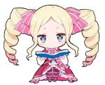  1girl :&lt; bangs beatrice_(re:zero) blonde_hair blue_eyes blush book bow chibi closed_mouth dress drill_hair forehead hair_bow holding holding_book long_sleeves looking_at_viewer lowres melings_(aot2846) open_book pantyhose parted_bangs pink_bow re:zero_kara_hajimeru_isekai_seikatsu red_dress short_eyebrows solo striped striped_bow striped_legwear symbol-shaped_pupils thick_eyebrows twin_drills twintails 