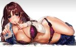  1girl black_legwear black_panties blush bow bra breasts brown_eyes brown_hair finger_to_face index_finger_raised kneehighs lace lace-trimmed_bra lace-trimmed_panties lace_trim large_breasts long_hair looking_at_viewer lying mole mole_under_eye navel ogino_atsuki on_side open_clothes open_shirt original panties purple_bra purple_panties simple_background skirt skirt_around_one_leg smile solo underwear 