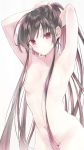  1girl armpits arms_up bangs blush breasts brown_hair bunching_hair closed_mouth commentary_request eyebrows_visible_through_hair grey_background groin hair_between_eyes hair_censor hair_over_breasts head_tilt long_hair multicolored_hair navel nude original pink_hair red_eyes small_breasts solo tomozero two-tone_hair very_long_hair 