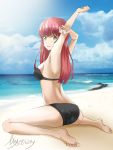  1girl ass bare_shoulders barefoot bikini breasts brown_eyes dimples_of_venus highres long_hair looking_at_viewer medium_breasts mysteryctu open_mouth rain_(sao) red_hair shiny shiny_hair shiny_skin sideboob sitting smile solo swimsuit sword_art_online wariza 