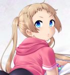  1girl ahoge blonde_hair blue_eyes chuunibyou_demo_koi_ga_shitai! commentary dekomori_sanae from_behind ghettoyouth highres hood hoodie long_hair lying on_stomach parted_lips pink_hoodie solo teeth twintails v-shaped_eyebrows wristband 
