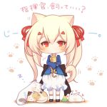  1girl animal animal_ears animal_hug ayanami_(azur_lane) azur_lane bangs bird black_footwear blonde_hair blue_jacket blush bubble_skirt bunny cat cat_ears cat_girl cat_tail chibi eyebrows_visible_through_hair flying_sweatdrops full_body hair_between_eyes hair_ornament hair_ribbon hairclip jacket kemonomimi_mode long_hair long_sleeves looking_at_viewer red_eyes red_ribbon ribbon sakurato_ototo_shizuku shoes skirt sleeping socks solo tail translation_request twintails very_long_hair white_background white_legwear white_skirt wide_sleeves zzz 