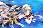  1girl bangs blonde_hair blue_eyes blue_nails bracelet cape divine_gate fur_cape getsuyoubi hair_ornament hairband jewelry long_hair looking_at_viewer lying nail_polish on_stomach outdoors see-through solo veil very_long_hair white_cape yellow_hairband 
