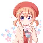  1girl :t bangs beret black_ribbon blush brown_jacket closed_mouth collared_shirt commentary_request cup disposable_cup drinking_straw eyebrows_visible_through_hair floral_background flower_in_eye gochuumon_wa_usagi_desu_ka? goth_risuto hair_between_eyes hat heart holding holding_cup hoto_cocoa jacket light_brown_hair looking_at_viewer neck_ribbon open_clothes open_jacket purple_eyes red_headwear ribbon shirt sidelocks smile solo sweater_vest symbol_in_eye twintails upper_body white_background white_shirt 