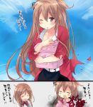  2girls ahoge alternate_costume belt black_skirt blue_background blush bow bowtie braid breasts brown_eyes chibi cleavage collarbone comic dress embarrassed eyebrows_visible_through_hair eyes_closed gift grey_dress hair_flaps hirune_(konekonelkk) kantai_collection large_breasts light_brown_hair long_hair long_sleeves looking_at_viewer messy_hair minegumo_(kantai_collection) multiple_girls murasame_(kantai_collection) one_eye_closed open_mouth pantyhose pinafore_dress plaid_neckwear red_neckwear red_serafuku remodel_(kantai_collection) shirt skirt sky solo_focus torn_clothes translation_request twin_braids upper_body very_long_hair white_belt white_shirt 