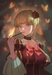  1girl bangs beatrice blonde_hair blue_eyes blunt_bangs bow brown_choker bug butterfly character_request choker commentary copyright_request english_commentary flower hair_bun hair_flower hair_ornament holding holding_pipe insect looking_at_viewer pink_bow pipe puffy_sleeves rose sidelocks smoking solo tim_loechner umineko_no_naku_koro_ni upper_body 