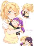  2girls ;) ^_^ ayase_eli black_legwear blonde_hair blue_eyes blue_skirt blush blush_stickers character_doll cheek_poking closed_eyes collared_shirt commentary_request doll eyes_closed hair_between_eyes hair_ornament hair_scrunchie heart holding holding_doll kneehighs love_live! love_live!_school_idol_project miniskirt mogu_(au1127) multiple_girls multiple_views nesoberi no_eyes no_shoes notice_lines o_o object_hug one_eye_closed otonokizaka_school_uniform pink_scrunchie pleated_skirt poking ponytail puchiguru_love_live! purple_hair school_uniform scrunchie shirt short_sleeves sidelocks sitting skirt smile sweater_vest toujou_nozomi twintails white_scrunchie white_shirt 