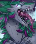  2019 absurd_res anthro blazitastic_(artist) blue_eyes digital_media_(artwork) dots drooling fur green_hair hair hi_res looking_at_viewer male mellon open_mouth pink_hair saliva sergal smile solo tongue tongue_out white_fur 