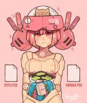  1girl android artist_name bangs breasts cat cowboy_shot english_text gradient_eyes hanaan heart heart-shaped_pupils highres liquid looking_at_viewer medium_breasts milk_carton multicolored multicolored_eyes original pink_background pink_hair plant red_eyes robot robot_joints short_hair solo sparkle symbol-shaped_pupils transparent yellow_eyes 