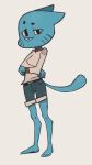  2019 aged_up anthro barefoot blue_fur blue_tail cartoon_network clothed clothing crossed_arms domestic_cat felid feline felis fur gumball_watterson katlek looking_at_viewer male mammal shorts simple_background smile solo sweater the_amazing_world_of_gumball whiskers 