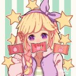  1girl artist_name bangs blonde_hair bow braid covered_mouth food fruit hairband hanaan hand_up long_hair long_sleeves looking_at_viewer original outline purple_bow purple_eyes purple_hairband solo star star-shaped_pupils strawberry striped striped_background symbol-shaped_pupils vertical-striped_background vertical_stripes white_outline wrapper 