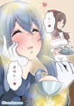  2girls blue_hair brown_hair commentary_request eyes_closed food gloves gotland_(kantai_collection) hair_bun hair_ornament hairclip half_gloves hand_on_own_cheek heart highres holding holding_spoon holding_tray kanade_(kanadeya) kantai_collection kappougi long_hair long_sleeves mamiya_(kantai_collection) military military_uniform mole mole_under_eye multiple_girls open_mouth speech_bubble spoken_heart spoon translation_request tray uniform white_gloves 