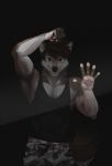  2019 5_fingers anthro black_hair black_nose canid canine canis clothed clothing digital_media_(artwork) domestic_dog hair hi_res koul male mammal smile solo standing 