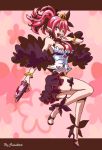  1girl bracelet breasts cleavage crown disgaea feather_boa full_body high_heels highres jewelry large_breasts lots_of_jewelry makai_senki_disgaea_5 miniskirt necktie pink_hair pointy_ears ponytail purple_eyes seraphina_(disgaea) seraphine shoes short_hair skirt smile solo 
