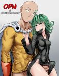  1boy 1girl abs angry bald between_legs between_thighs blush bodysuit breasts cape clenched_teeth covered_navel cowboy_shot dress erection gloves green_eyes green_hair highres no_panties one-punch_man pelvic_curtain penis pulling red_gloves saitama_(one-punch_man) sereneandsilent small_breasts superhero sweatdrop tatsumaki teeth thigh_sex veins veiny_penis 