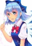  1girl bangs blue_bow blue_dress blue_eyes blue_hair blush bow bowtie breasts bug butterfly cirno commentary_request dress eyebrows_visible_through_hair flower hair_between_eyes hair_bow hand_up highres holding holding_flower ice ice_wings insect looking_at_viewer open_mouth pinafore_dress pink_flower puffy_short_sleeves puffy_sleeves red_bow red_neckwear shirt short_hair short_sleeves sidelocks simple_background small_breasts solo sparkle tachiaoi_(r1921l) tan tanned_cirno touhou upper_body white_background white_shirt wing_collar wings 
