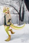  2019 4_toes anthro blonde_hair clothed clothing day detailed_background digital_media_(artwork) dragon hair hi_res horn outside ryuuzenga smile snow snowing standing toes 