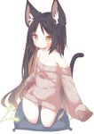  1girl absurdres afterimage animal_ear_fluff animal_ears bangs bare_shoulders black_hair blush breasts brown_eyes brown_hair brown_sweater cat_ears cat_girl cat_tail closed_mouth commentary_request cushion daidai_ookami eyebrows_visible_through_hair full_body gluteal_fold highres long_hair long_sleeves multicolored_hair naked_sweater original ribbed_sweater simple_background sleeves_past_fingers sleeves_past_wrists small_breasts solo sweater tail tail_raised two-tone_hair v-shaped_eyebrows very_long_hair white_background zabuton 