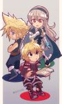  1girl 2boys armor barefoot blonde_hair blue_cape blue_eyes book bug butterfly cape chibi cloud_strife female_my_unit_(fire_emblem_if) final_fantasy final_fantasy_vii fire_emblem fire_emblem_if gloves hair_between_eyes hair_ornament hairband highres insect kiriya_(552260) long_hair mamkute multiple_boys my_unit_(fire_emblem_if) nintendo pointy_ears red_eyes short_hair shulk silver_hair smile spiked_hair super_smash_bros. white_hair xenoblade_(series) xenoblade_1 