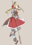  1girl blonde_hair blue_eyes braid brown_footwear cordelia_(saga) from_side full_body grey_background head_scarf holding holding_spear holding_weapon long_hair long_sleeves looking_at_viewer matsutani polearm puffy_sleeves saga saga_frontier_2 simple_background solo spear striped striped_legwear thighhighs twin_braids vertical_stripes weapon 