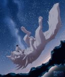  2018 black_nose blue_eyes canid canine canis digital_media_(artwork) feral hi_res mammal paws ryuuzenga sky smile solo star starry_sky wolf 