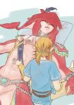  2017 belt blonde_hair breath_of_the_wild clothed clothing countershading duo ear_piercing feathers fish gills hair hand_on_stomach human humanoid hylian jewelry link mammal marine nintendo piercing pillow pointy_ears red_skin ruffles shark sidon_(zelda) sleeping sorato teeth the_legend_of_zelda video_games white_countershading white_skin zora 