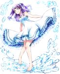  1girl barefoot blue_eyes blue_nails divine_gate dress floating_hair full_body getsuyoubi highres leaning_to_the_side long_hair looking_at_viewer nail_polish purple_hair simple_background sleeveless sleeveless_dress smile solo sundress toenail_polish twintails white_background white_dress 