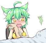  1boy 1girl :3 ahoge animal_ear_fluff animal_ears bangs blush breasts camisole cat_ears chair closed_mouth collarbone commentary eyebrows_visible_through_hair fang green_hair greenteaneko greenteaneko-chan hair_between_eyes highres holding_hand medium_breasts nose_blush on_chair open_mouth original simple_background sitting sketch solo_focus tears wavy_eyes wavy_mouth white_background x_x yellow_camisole yellow_eyes 