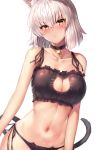  1girl ahoge animal_ear_fluff animal_ears bangs bell bell_choker black_panties blonde_hair blush bra breasts cat_cutout cat_ear_panties cat_ears cat_lingerie cat_tail choker cleavage cleavage_cutout cowboy_shot eyebrows_visible_through_hair fate/apocrypha fate/grand_order fate_(series) frilled_bra frills glint groin highres jeanne_d&#039;arc_(alter)_(fate) jeanne_d&#039;arc_(fate)_(all) jingle_bell kemonomimi_mode large_breasts long_hair looking_at_viewer meme_attire motokonut navel panties short_hair side-tie_panties silver_hair simple_background solo stomach tail tsurime underwear underwear_only v-shaped_eyebrows white_background yellow_eyes 