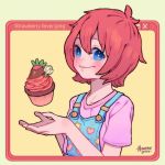  1girl artist_name bangs blue_eyes blush cake cupcake english_text flower food fruit hanaan hands_up heart icing looking_at_viewer original overalls pink_shirt red_hair shirt short_hair short_sleeves smile solo star strawberry upper_body white_flower window_(computing) yellow_background 