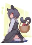  1girl :3 animal_ears ass basket capelet commentary_request condom_box eyebrows_visible_through_hair from_behind full_body go_robots grey_hair hair_between_eyes highres lifted_by_self looking_at_viewer looking_back mouse_ears mouse_tail nazrin no_panties red_eyes short_hair sitting skirt skirt_lift skirt_set solo tail touhou 