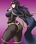  1girl artist_request ass black_eyes black_hair blush bodysuit breasts bridal_gauntlets cape come_hither curvy fire_emblem fire_emblem:_kakusei from_behind highres huge_ass large_breasts long_hair looking_at_viewer naughty_face nintendo parted_lips shiny shiny_hair sideboob smile solo standing tharja thick_thighs thighs two-side_up 