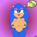 2019 absurd_res anthro big_breasts bikini black_nose breasts cleavage clothed clothing crossgender eulipotyphlan female green_eyes handcuffs hedgehog hi_res mammal navel pictographics shackles sonic_(series) sonic_the_hedgehog speech_bubble standing swimsuit thin_waist zeer 