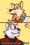  anthro canid canine canis eye_patch eyewear fox fox_mccloud hi_res male mammal nintendo star_fox text ventkazemaru video_games whiskers wolf wolf_o&#039;donnell 
